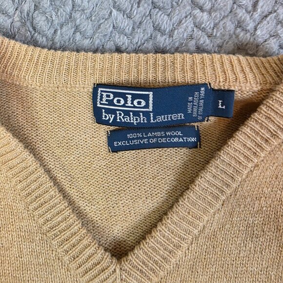 Polo Ralph Lauren 100% Lambswool V-Neck Sweater Men’s Size L Beige Camel Knit Pu - Picture 3 of 7